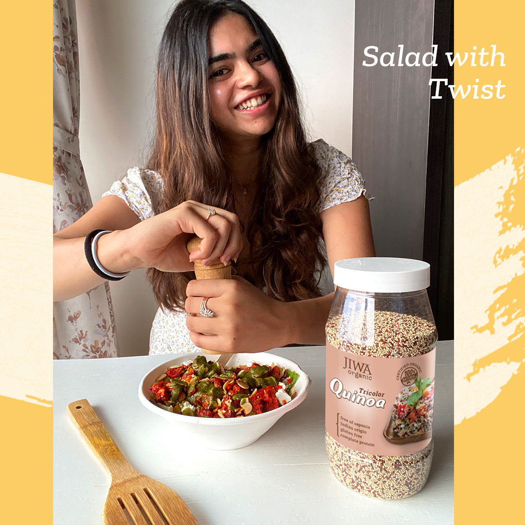 girl made tasty salad by using jiwa's organic tricolor quinoa